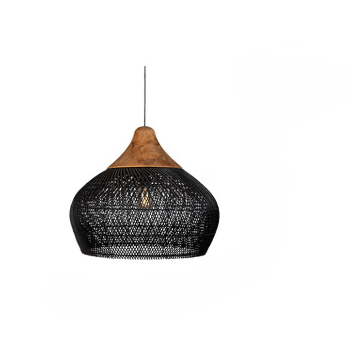Suspension en rotin LED vintage noire faite à la main