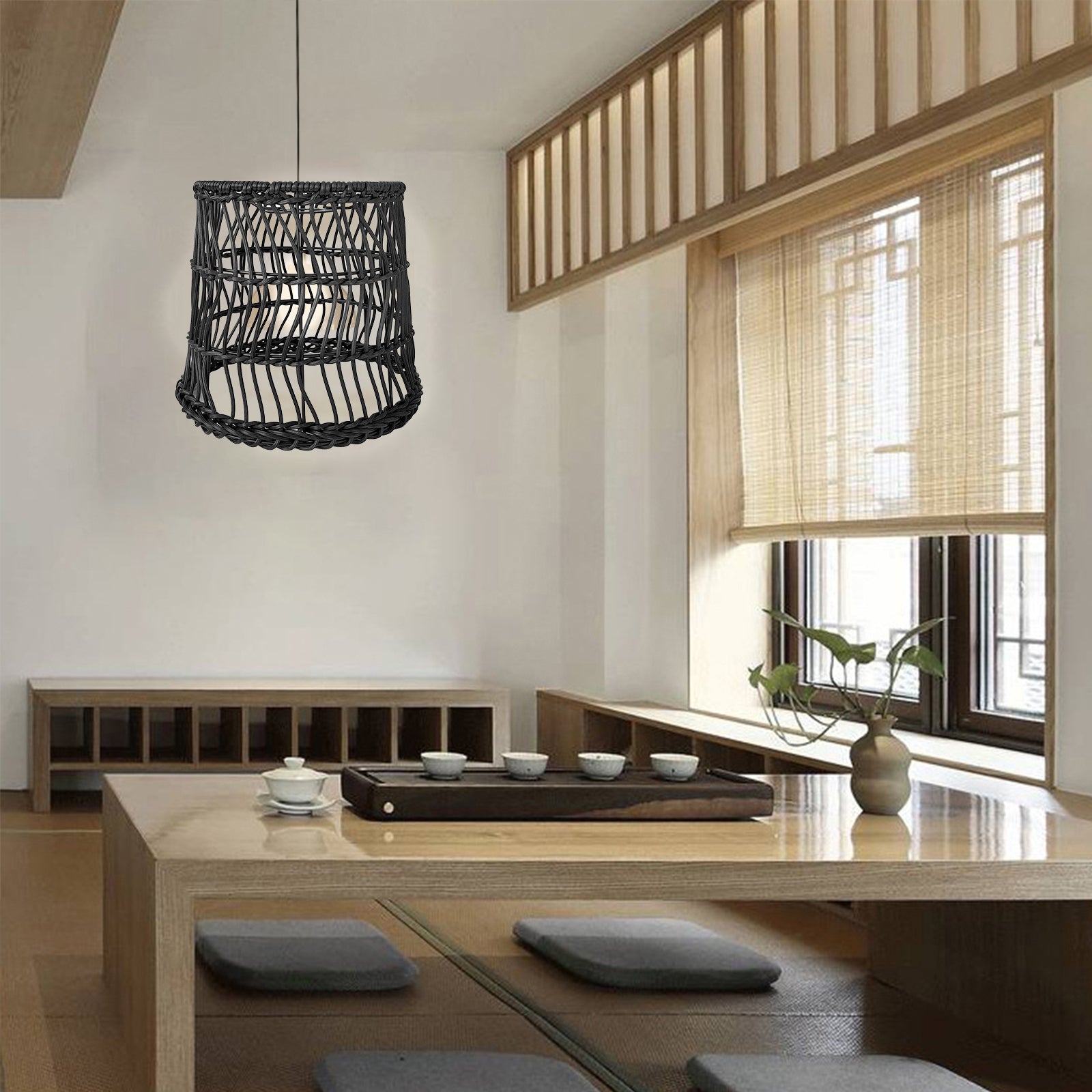 Abat-jour de lustre en rotin en forme de corbeille