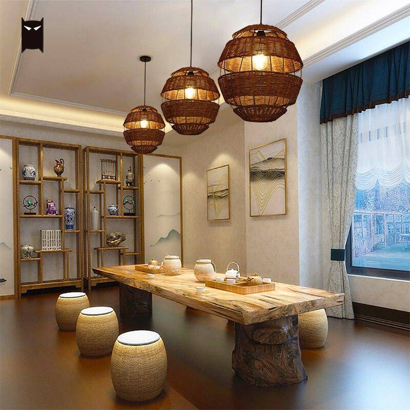 Suspension rustique LED en forme d'oeuf en rotin Rata