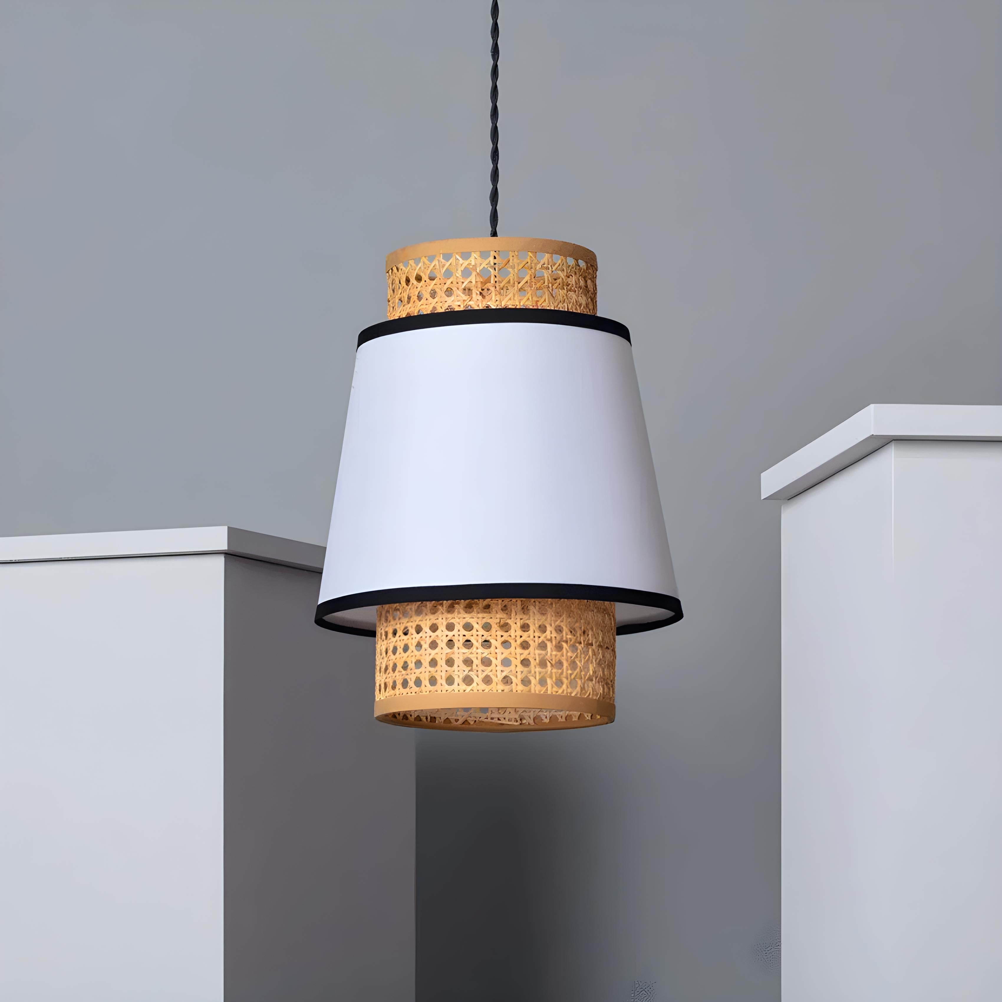 Suspension Cannage Tissu et Rotin Kufila - Abat Jour