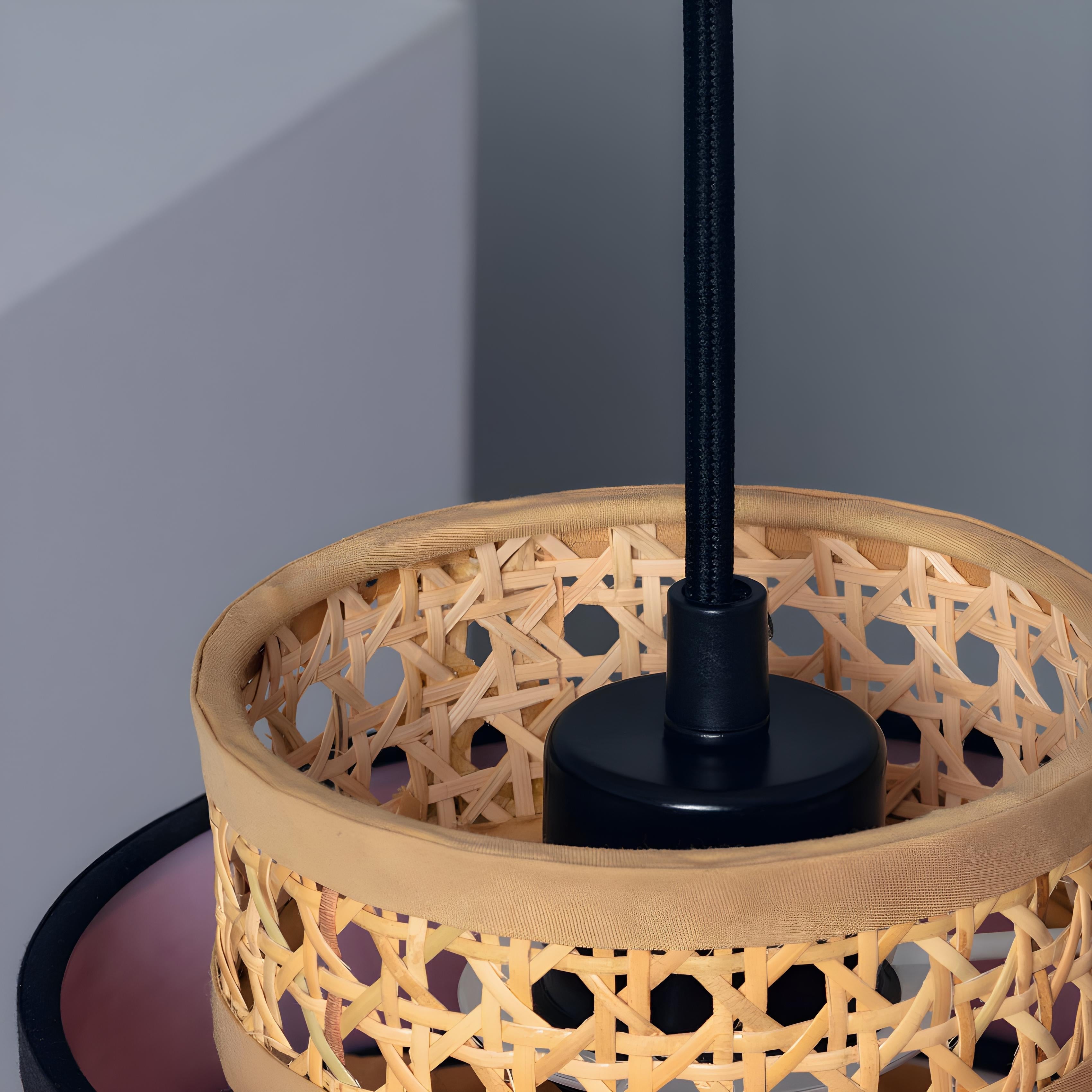 Suspension Cannage Tissu et Rotin Kufila - Abat Jour