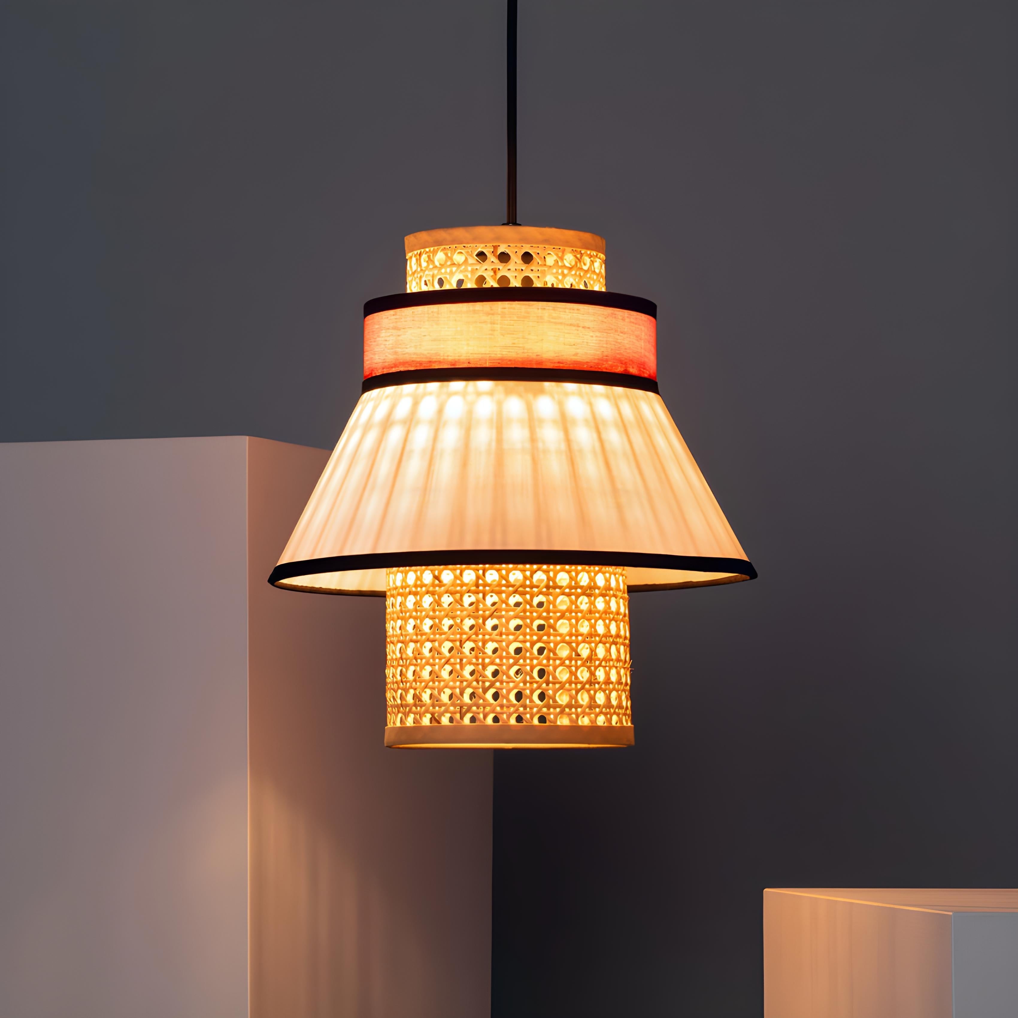 Suspension Cannage Tissu et Rotin Kufila - Abat Jour