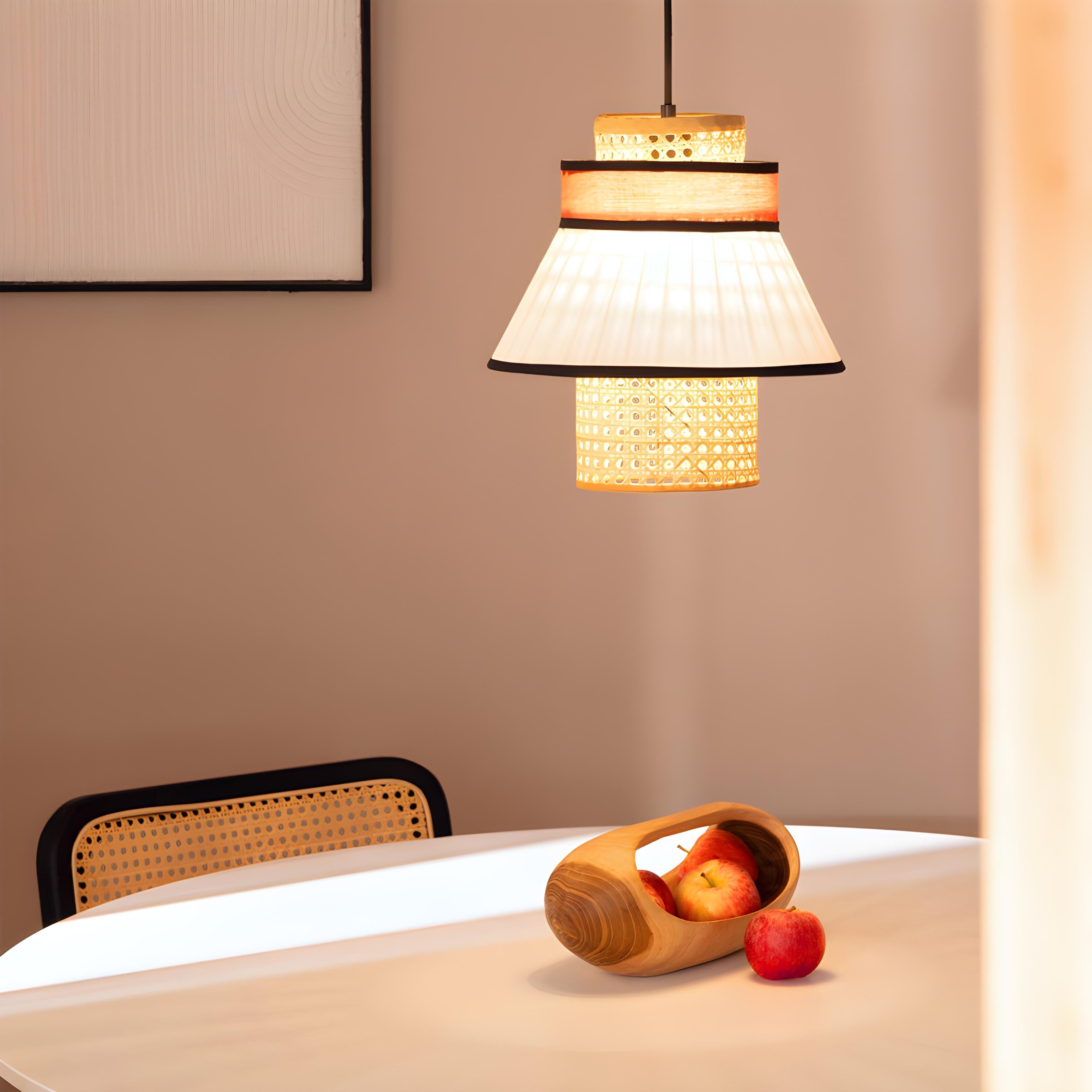 Suspension Cannage Tissu et Rotin Kufila - Abat Jour