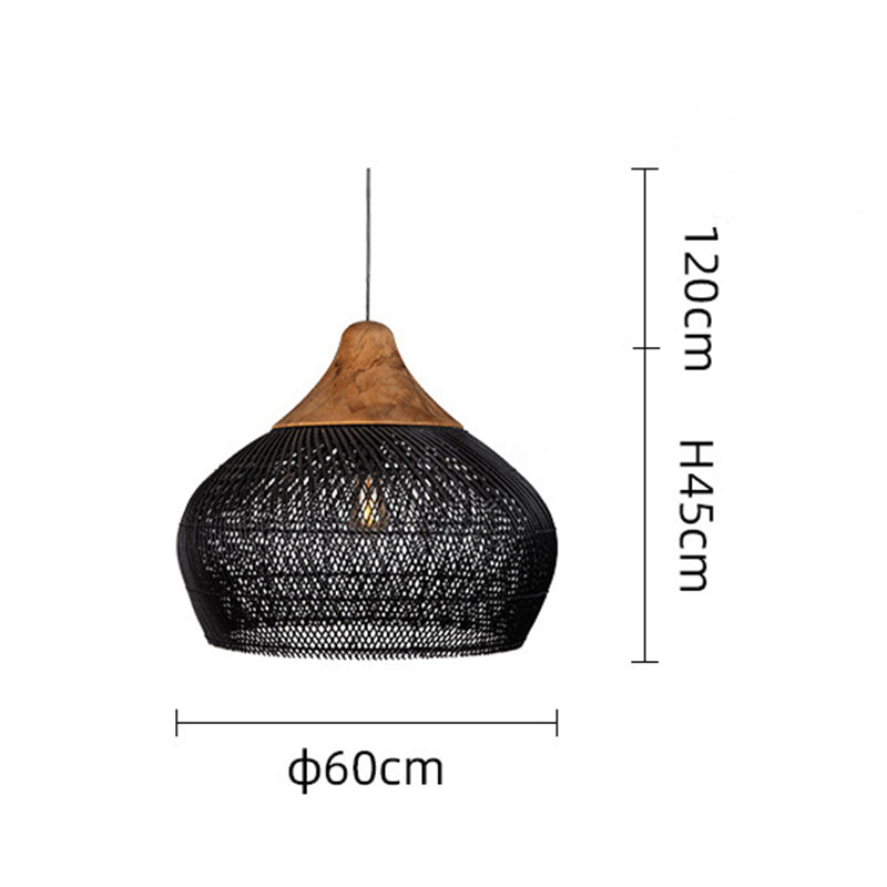 Suspension rotin noir et bois vintage - Suspension Luminaire