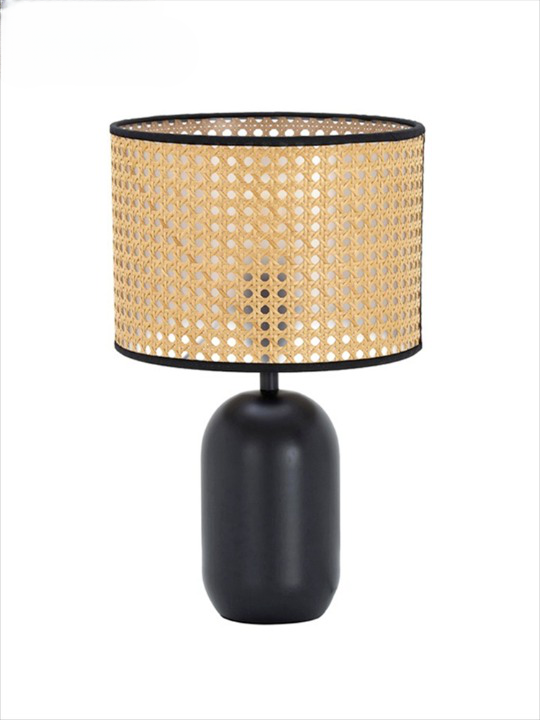 Lampe de chevet rotin rétro avec base noire